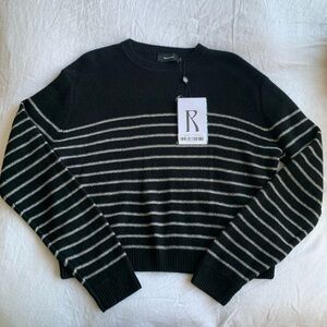 NWT Realisation Par Ani Cashmere Wool Stripe Crewneck Sweater Pepe Black White